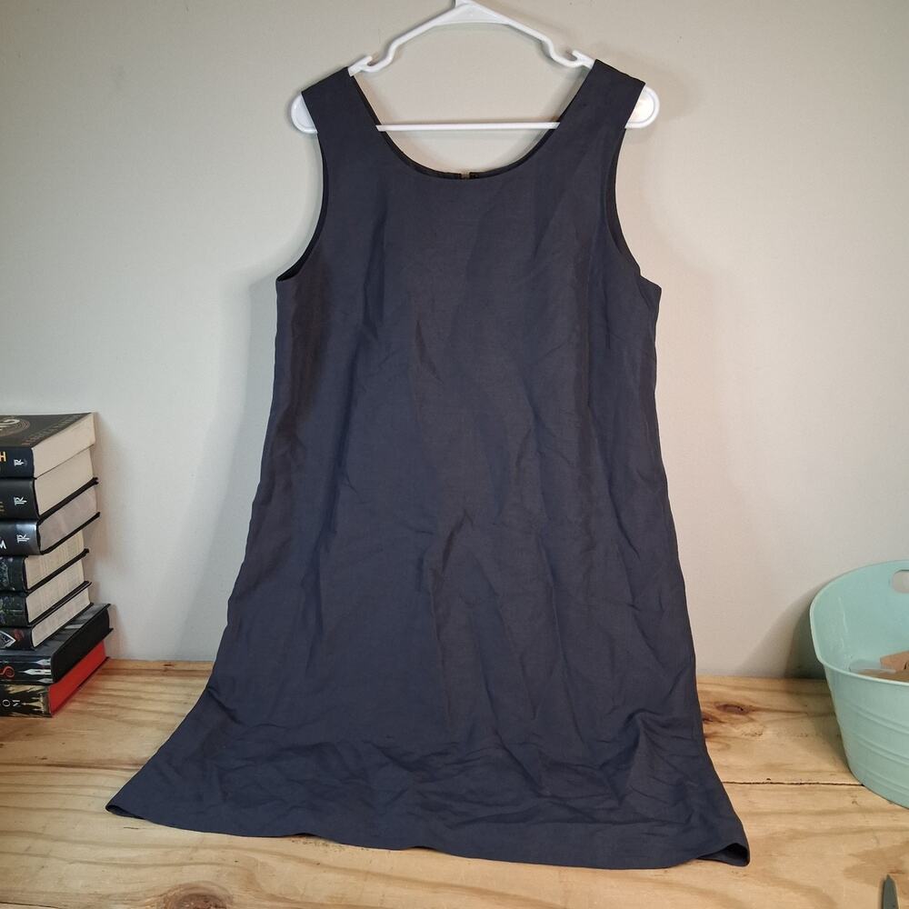 AKA Eddie Bauer Womens Dress Sz 14 Navy Blue Knee Length Shift Dress Sleeveless